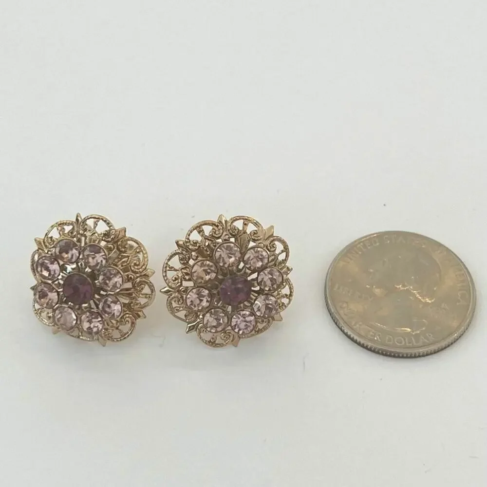 Vintage 60s Gold Filligree And Purple Rhinestone Clip On Earrings
